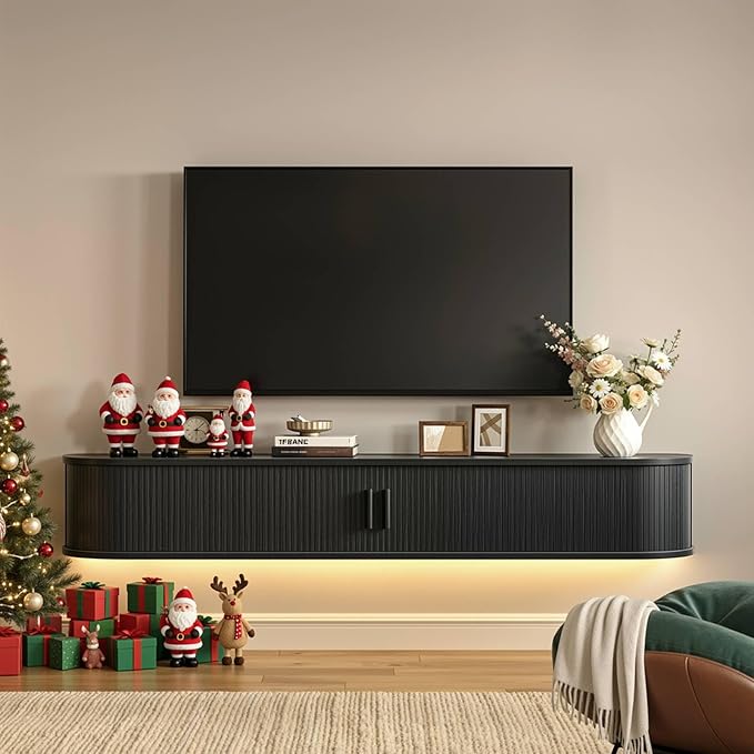 63" Floating TV Stand with Power Outlet for TVs up to 75", Fluted Entertainment Center with Remote Control for LED Lights, Mid-Century Modern TV Console w/Sliding Door for Living Room, Bedroom Black