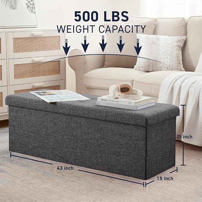 Ornavo Home Folding Storage Ottoman, 43 Inch Extra Large Storage Bench with Lid, Foot Rest Stool for Bedroom, Living Room, Entryway, Tufted Linen Upholstered - Dark Gray