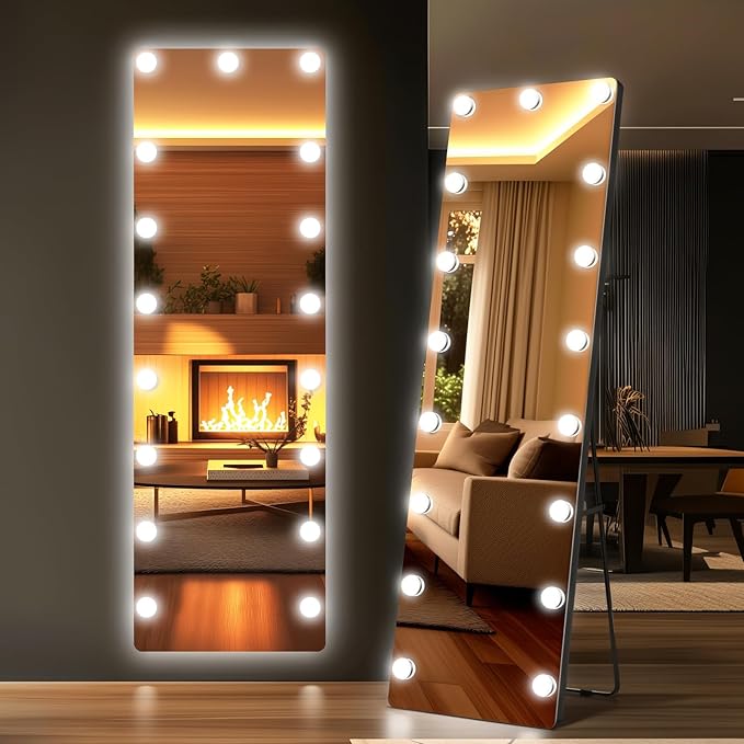 Kosmonia 56x18 Hollywood Full Length Mirror with Light, 17 Dimmable Bulbs & 3 Color Smart Touch Control, Distortion Free, Tempered Glass, Safe Full Body Mirrors with Stand