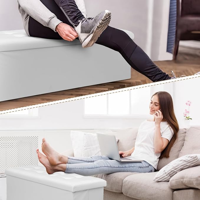 Athena Collection Leather Ottoman Bench with Storage, 43 Inches Large End of Bed Storage Ottoman Bench, 130L Load 220 Lbs Foot Rest for Bedroom, Living Room, Entyway, White