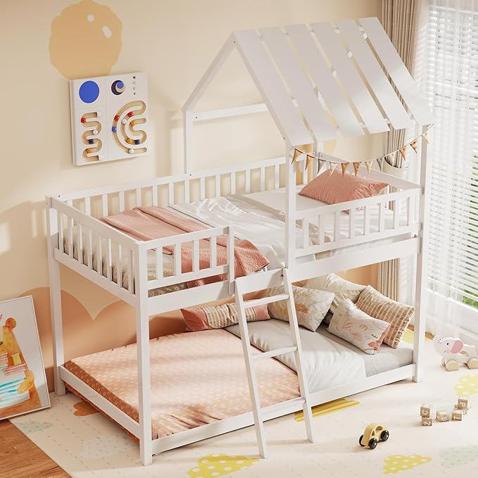 Giantex Twin Over Twin House Bunk Bed, Low Loft Bed Frame with Roof, Wood Bunk Bed with Ladder & Full-Length Guardrails, Twin Floor Bed for Kids Teens Boys Girls, No Box Spring Needed (White)