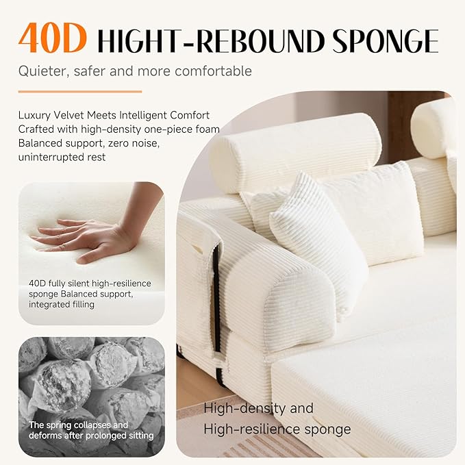 79" Convertible Boneless Couch for Small Spaces, 6-in-1 Corduroy Sofa Bed with High Backrest, Pillows, High-Density Foam Loveseat Sleeper Couch in a Box for Living Room, No Assembly, Beige