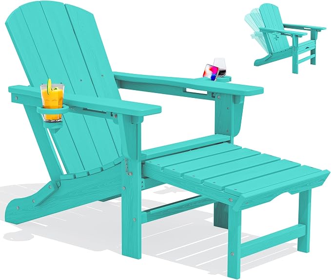 SERWALL Folding Adjustable Adirondack Chair with Footrest, HDPE Outdoor Chair with Dual Cup Holders, All Weather Adirondack Chair with Ottoman, Aruba