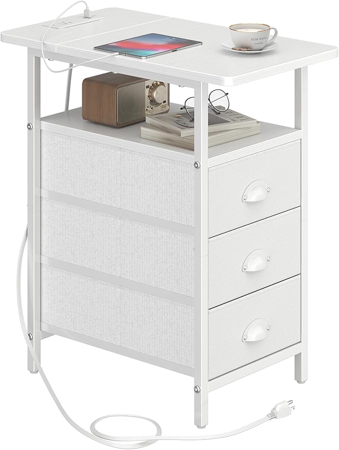 sthmec End Table with Charging Station, Side Tables Livingroom with USB Ports and Outlets,Narrow Nightstands Bedside Tables with 3 Drawers PU Finish for Small Space,Slim Sofa Table Bedroom,White