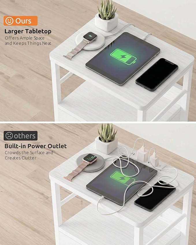 Lazzanto Nightstands Set of 2 with Charging Station, Bed Side Tables with Open Shelf & Hooks, End Tables with USB-C USB-A Ports AC Outlets, Night Stand for Bedroom with Fabric Drawer, White
