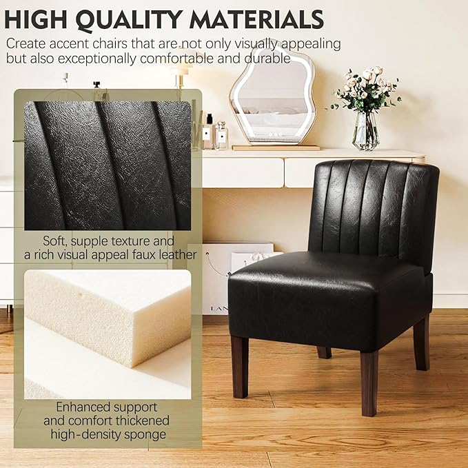 VIRRMO Armless Accent Chairs Set of 2 Upholstered Dining Chairs Living Room Chairs with Solid Wood Legs Bedroom Chair Leather Reading Chair Comfy Chair for Bedroom Vanity Kitchen (Black)