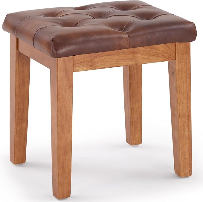 Upholstered Ottoman Stool with Padded Seat, Tufted Vanity Stool with Solid Wood Legs, Accent Stools, Faux Leather Retro Brown