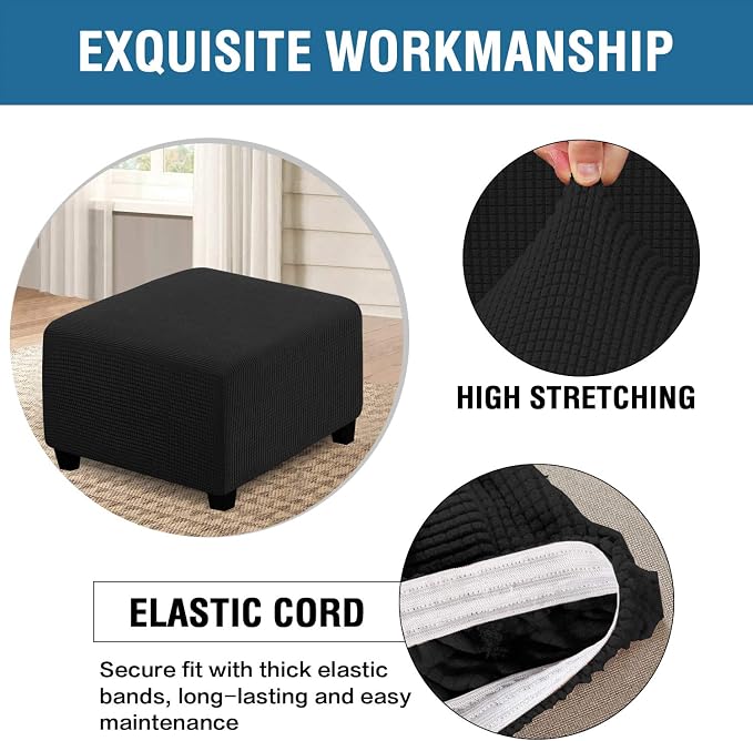 H.VERSAILTEX Square Ottoman Covers Ottoman Slipcovers Folding Storage Stool Furniture Protector Form Fit with Elastic Bottom, Stretch High Spandex Small Checks Jacquard Fabric(Large,Black)