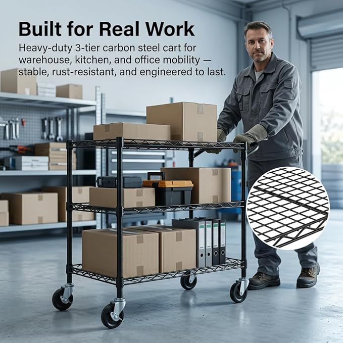 Finnhomy 3 Tier Heavy Duty Commercial Grade Utility Cart, Wire Rolling Cart with Handle Bar, Steel Service Cart with Wheels, Kitchen Carts on Wheels, Metal Cart Shelf Size 18" D x 36" W, NSF, Black