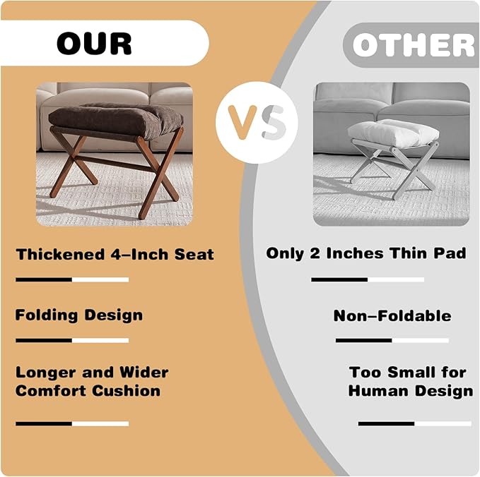 Baveke Ottoman Foot Rest- Bamboo Folding Stool, Foot Stools Small Ottman with Upholstered & X Legs, Foldable Stool for Makeup, Bedroom and Living Room, FSC-Certified (Large Brown)