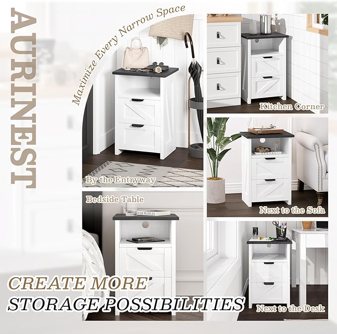 Farmhouse Night Stand Set of 2 with Charging Station, Bedside Table w/2 Drawers & Storage, Rustic End Tables for Bedroom, Living Room, Small Spaces, Home Office, White