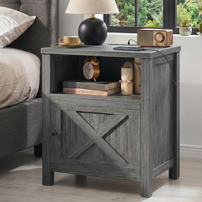 Marsail Farmhouse Nightstand, Wood Bedside Table with Charging Station, Night Stand with Shelf and Doors, End Table with Storage Side Table for Bedroom, Dark Grey (1 Pack)