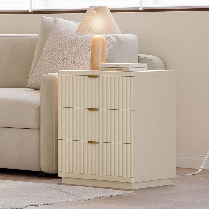 Nightstand with Charging Station, Wood Night Stand with 3 Drawers Storage Bedside Table Large Fluted Bed Side End Table, Modern Nightstand for Bedroom Living Room (Beige)