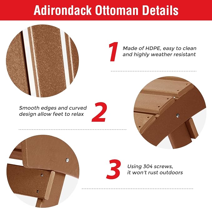 Costaelm Adirondack Chair Footrest, Patio Footstool, Ottoman, Outdoor Foot Rest, Waterproof, Teak