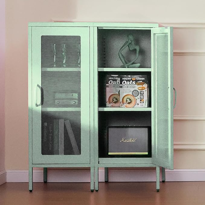 Slim Metal Storage Cabinet with Mesh Doors - 42'' Tall Narrow Organizer Tower, Compact Freestanding Cabinet, Versatile Utility Storage for Home, Office, Kitchen, Living Room, Durable and Modern Design