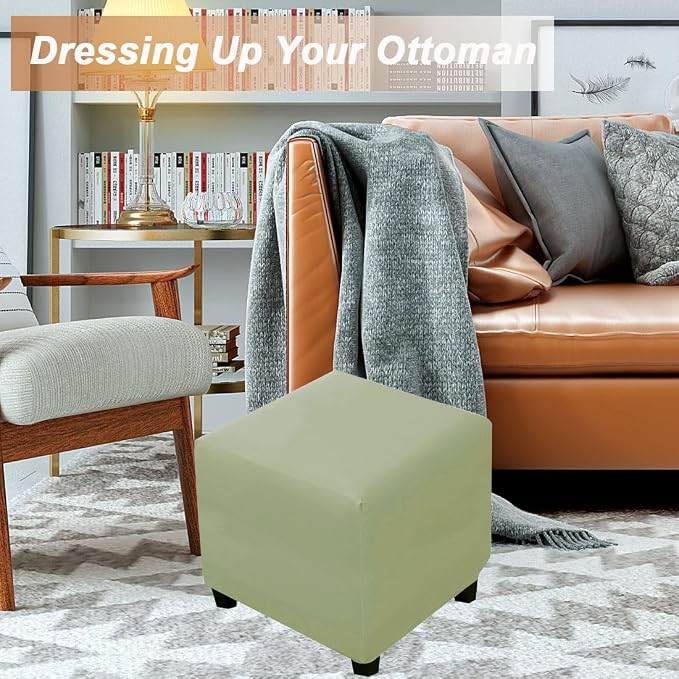 Waterproof Ottoman Cover Square Stretch PU Soft Folding Storage Ottoman Cover with Elastic Bottom Cube Footrest Foot Stool Slipcovers Machine Washable(Medium/Light Green)
