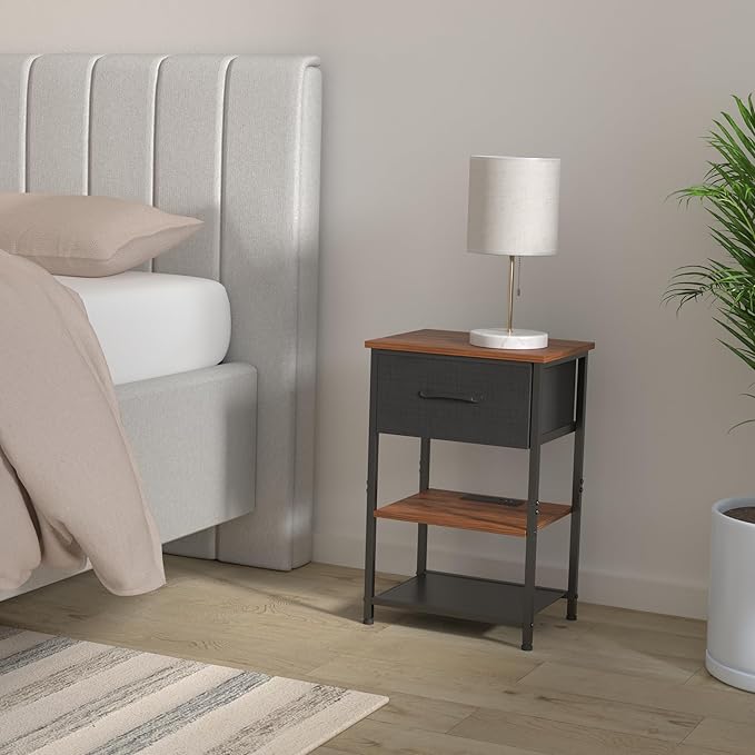 LAKEMID Nightstands Set of 2 with Charging Station and Drawer,Wood Bedside Table with 20 Colors LED Light for Bedroom Living Room (Rustic Brown)
