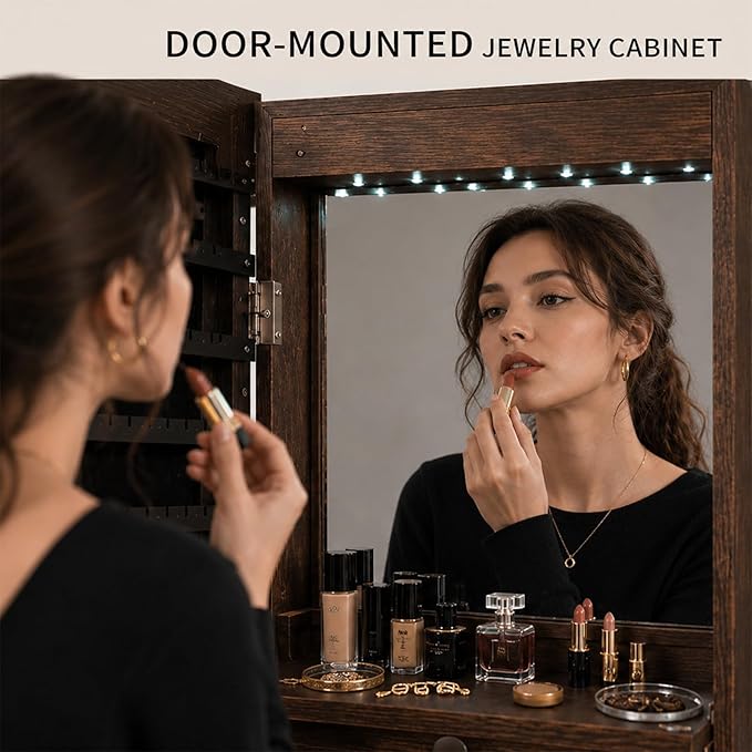 Over the Door Jewelry Organizer, Wall Mounted Jewelry Cabinet, Hanging Mirror with Storage Box, Wall/Door Mounted Full Length Mirror with LED