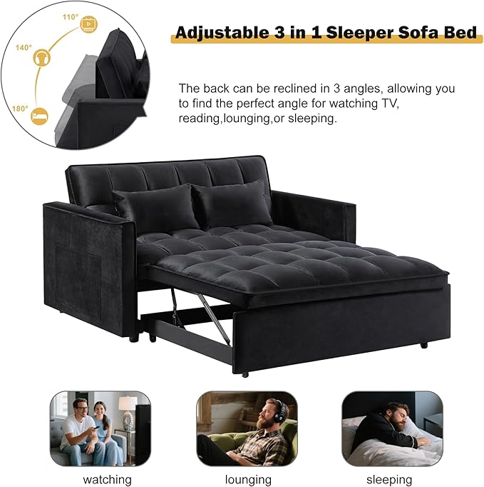 3 in 1 Convertible Sleeper Sofa Bed, Velvet Fabric Loveseat Sofa Bed with Adjustable Backrest & Large Side Pockets, Pull Out Couch for Small Spaces, Apartment, Living Room, Black