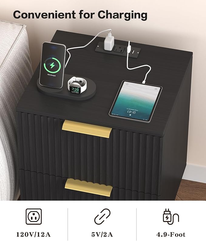 Akxomel Black Nightstand Set of 2, Fluted Night Stand with Charging Station, 13.8" D x 15" W x 23.2" H, 2 Drawers Modern Bedside Table with USB Ports and Outlets, Golden Side Table for Bedroom