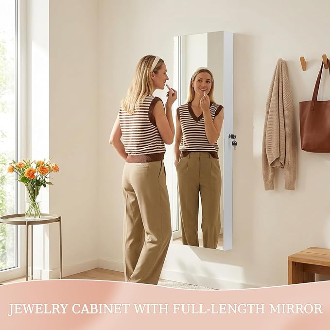 Unisakey Mirror Jewelry Cabinet,Lockable Wall or Door Mounted Jewelry Armoire Organizer With Built-up Mirror,LED Lights, Drawers,Cosmetic Trays,Shelves, 14.4"x3.15"x 43.1"（White）