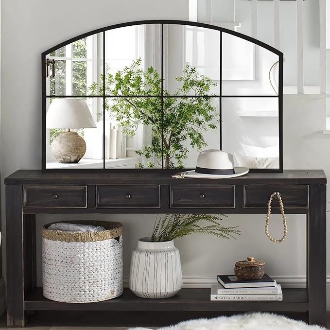 WAMIRRO Wide Window Pane Black Mirror,Farmhouse Arched Wall Mirrors,Grid Mirrors for Fireplace/Entryway/Hallway/Living Room,28“X42” (Black Wide Mirror)