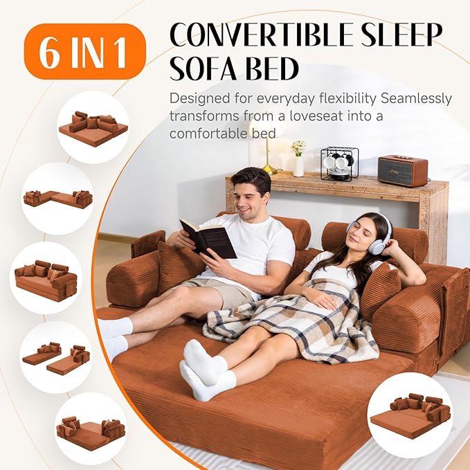 79" Convertible Boneless Couch for Small Spaces, 6-in-1 Corduroy Sofa Bed with High Backrest, Pillows, High-Density Foam Loveseat Sleeper Couch in a Box for Living Room, No Assembly, Orange