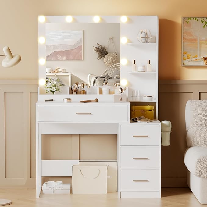 KAMABOKO Vanity Desk with Lighted and Mirror, White Makeup Table with Drawers and Charging Station, 3 Model Adjustable for Bedroom & Dressing Room (038 White)