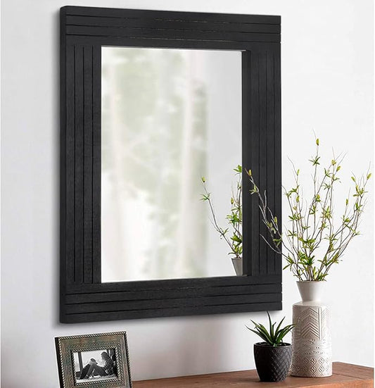 Black Rectangular Vintage Rustic Wood Framed Large Mirror - Deco Farmhouse Living Room Bathroom Bedroom Entrance - 26" x 18"