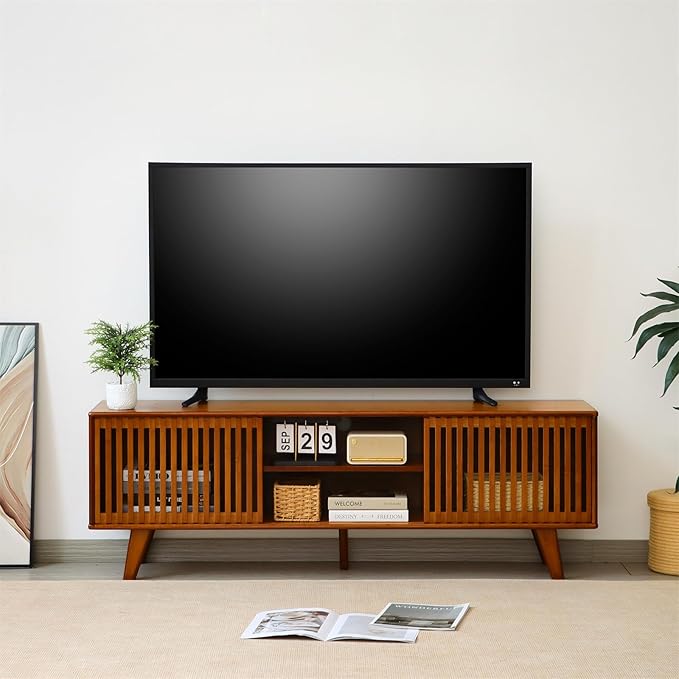 Bamboo TV Stand for TVs up to 65", Accent Entertainment Center with Storage, Media Console Table with Sliding Fence Door, Modern TV Stand for Living Room, Bedroom, 55"(L), Walnut