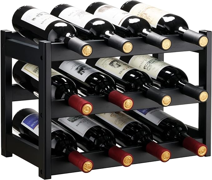 VASMIA Bamboo Wine Rack, Sturdy and Durable Wine Storage Cabinet Shelf, Wine Racks Countertop for Pantry,Kitchen,3-Tier 12 Bottles Wine Rack Black