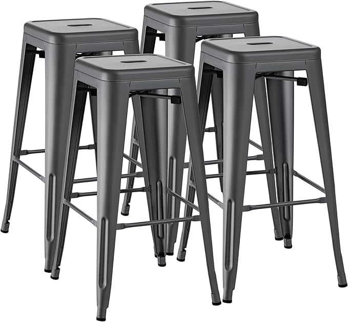 Furmax 30 Inch Metal Bar Stools Set of 4, Counter Height Stools, Industrial Bar Chairs Patio Stool Stackable Stool for Kitchen/Dining Room/Indoor Outdoor(Gray, 30'' Backless)