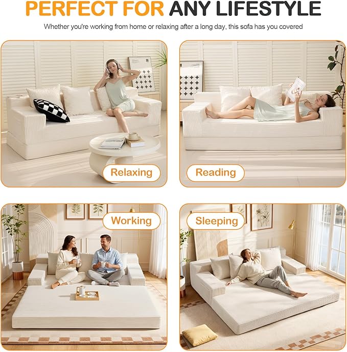 Erament Convertible Futon Sofa Bed Couch, 78'' Corduroy Folding Sofas Bed, Compression Boneless Floor Couch Sofa Beds with 3 Pillows for Living Room Bedroom Apartment