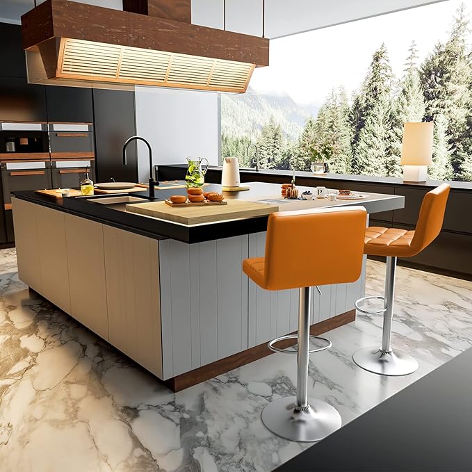 Homall Bar Stools Modern PU Leather Adjustable Swivel Barstools, Armless Hydraulic Kitchen Counter Bar Stool Extra Height Square Island Barstool with Back Set of 2 (Leather, Orange)