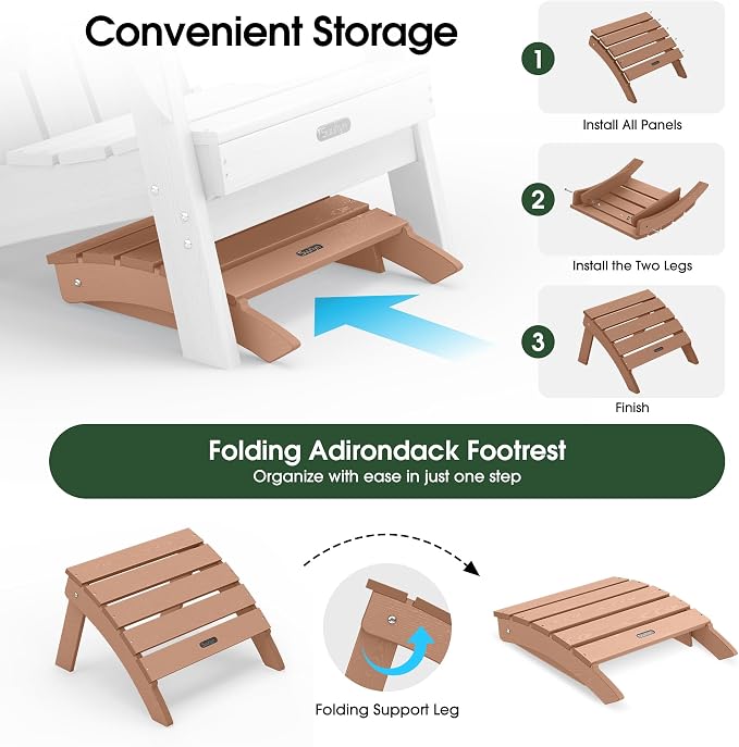 Adirondack Ottoman Footrest for Adirondack Chair, All-Weather HDPE Outdoor Foot Stool, Folding Patio Ottoman for Lawn, Garden, Deck, Backyard, Teak