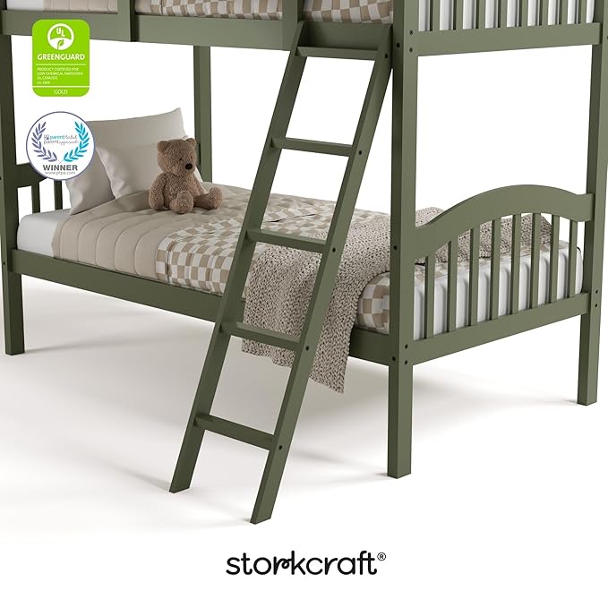 Storkcraft Long Horn Twin-Over-Twin Bunk Bed (Olive) - GREENGUARD Gold Certified, Converts to Two Twin Beds, Wood Bunk Bed for Kids Bedroom