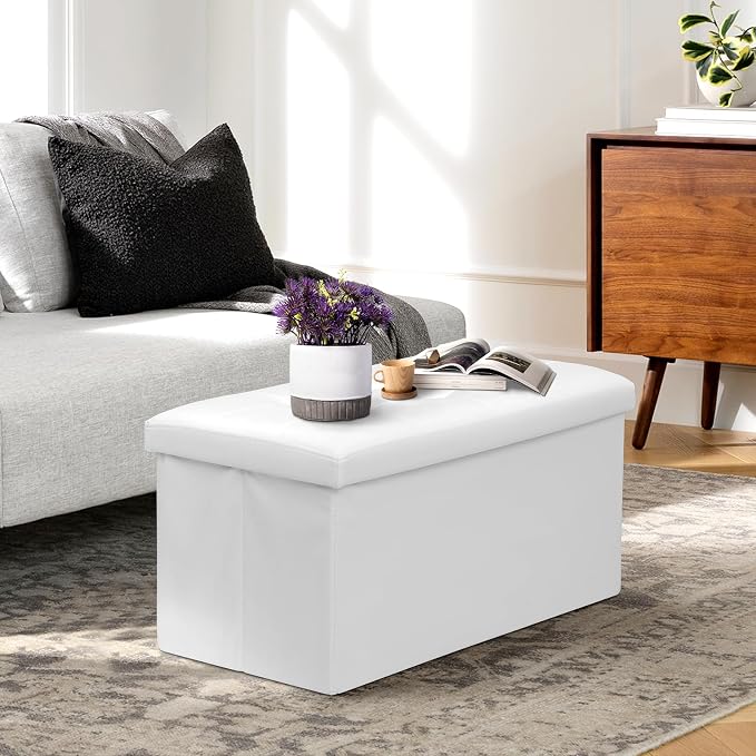 Athena Collection Leather Ottoman with Storage, 30 Inches Large Storage Ottoman Bench with 90L Storage, End of Bed Bench Foot Rest for Living Room, Bedroom, Entry, White