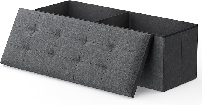 MoNiBloom 43 Inches Folding Storage Ottoman Bench, Storage Chest, Padded Seat, End of Bed Bench, Linen Fabric Ottoman Footrest for Living Room, Bedroom, Entryway, Dark Gray