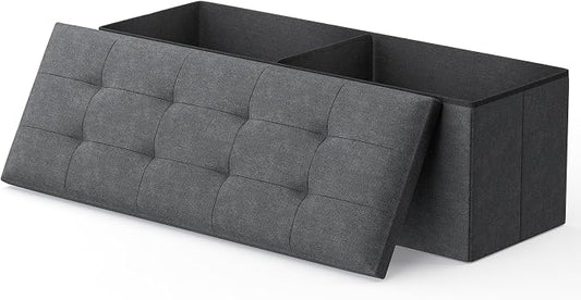 MoNiBloom 43 Inches Folding Storage Ottoman Bench, Storage Chest, Padded Seat, End of Bed Bench, Linen Fabric Ottoman Footrest for Living Room, Bedroom, Entryway, Dark Gray