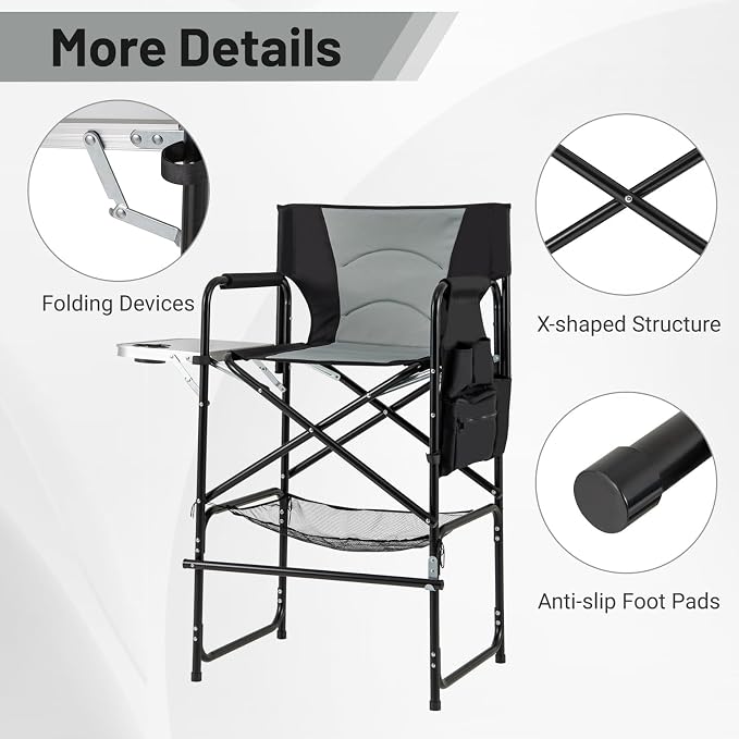 COSTWAY 46" Tall Directors Chair, Folding Makeup Artist Chair with Foldable Side Table & Footrest, Extra Cup Holder, Bottom Mesh Bag & Storage Pocket, Camping Chair for Lawn & Yard, Black+Gray