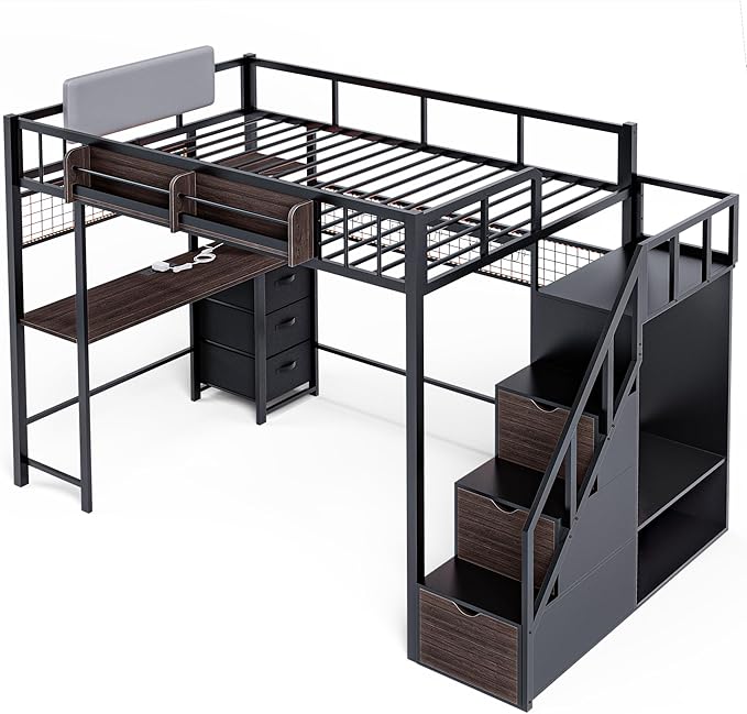 Kikihouse Twin Loft Bed with Desk, Storage Stairs & Wardrobe, Metal Loft Bed Frame w/Headboard, Bedside Shelf, Charging Station & 6 Drawers, LED Gaming Bed for Adult Space-Saving, Black & Walnut