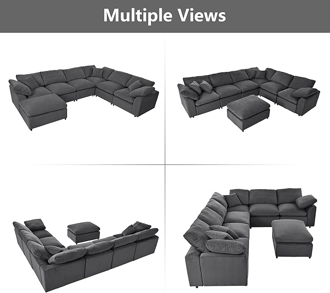 Oversized Modular Sectional Sofa Couch, Large 7 Seater Corner Sofa Modern U Shaped Sectional Couch with Ottoman Cloud Couches for Living Room, Office, Spacious Space, Gray
