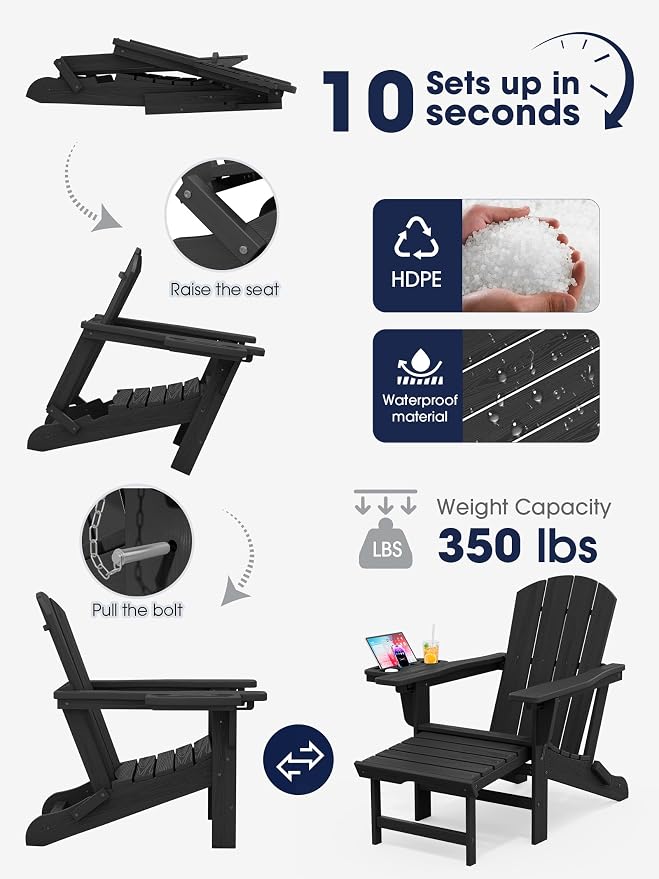 KINGYES Adjustable Folding Adirondack Chair with Footrest & 4-in-1 Multi-Functional Armrest Organizer Set of 4, HDPE Foldable Recliner Adirondack Chair with Pull-Out Ottoman, Black