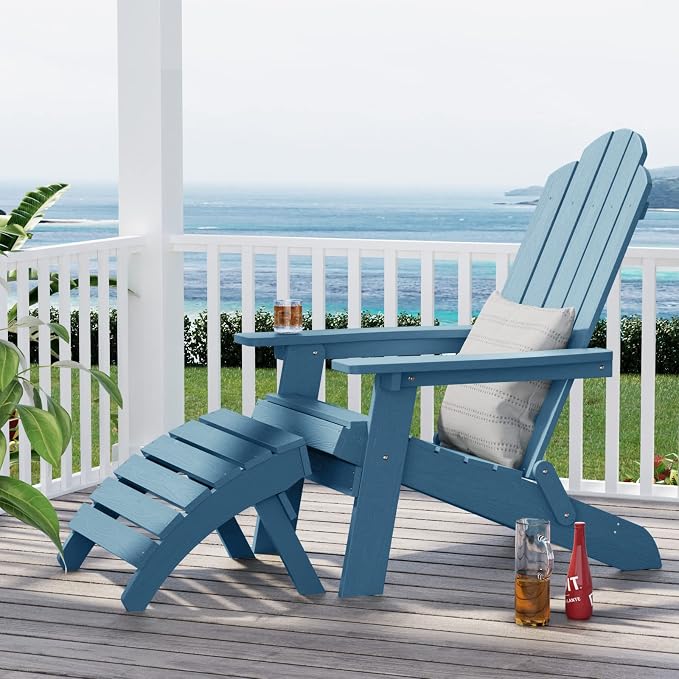 MXIMU Folding Adirondack Ottoman Set of 2: HIPS Plastic Outdoor Footrest Easy Assembly - All Weather Foot Rest Foot Stool for Adirondack Chair Use in Patio Garden Backyard Pool (Blue)