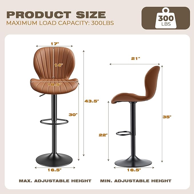 GRUSIGN Bar Stools Set of 4, Modern Swivel Adjustable Bar Chairs, Faux Leather Upholstered Counter Height Bar Stools with Backrest, Comfort Barstools for Kitchen Island, Home Bar, Brown