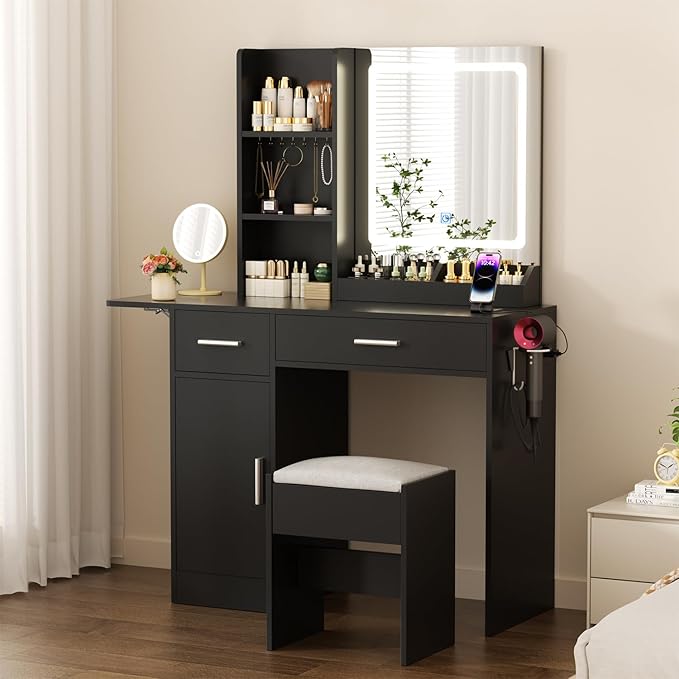ERLEJIA Vanity Desk with Mirror and Lights & Extral Foldable Desk, 35.43" & 43.3" Makeup Vanity Table with Stool and Plug Outlet, 5 Drawers and Open Shelves Dressing Table for Bedroom,Black