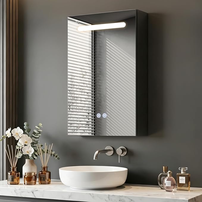 Bathroom Medicine Cabinet with Mirrors and LED Lights, 16x30 inch Bathroom Storage Cabinet, One Doors Wall-Mounted Medicine Cabinet Organizer with Adjustable Shelves & Outlets (16x30 inch)
