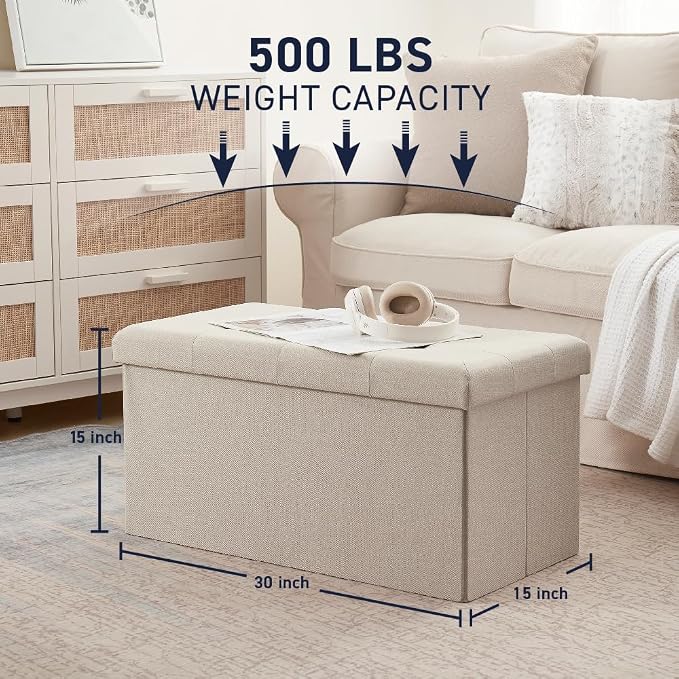 Ornavo Home Folding Storage Ottoman, 30 Inch Large Storage Bench with Lid, Foot Rest Stool for Bedroom, Living Room, Entryway, Tufted Linen Upholstered - Beige