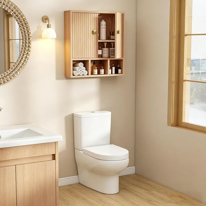 Bathroom Wall Cabinet,Wooden Medicine Cabinet with Fluted Doors Over The Toilet Storage Cabinet with Adjustable Shelf for Bathroom,Wood