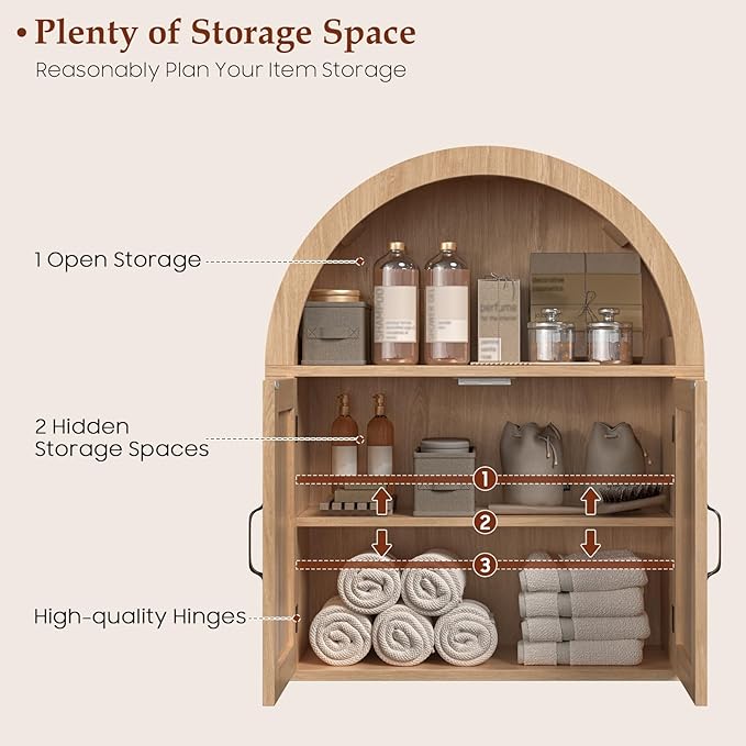 Halitaa Arched Bathroom Wall Cabinet, Farmhouse Medicine Cabinet with Barn Door and with Adjustable Shelf, 23.6 x 28.7'' Wooden Storage Cabinet Wall Mounted for Bathroom Laundry Room Kitchen, Natural